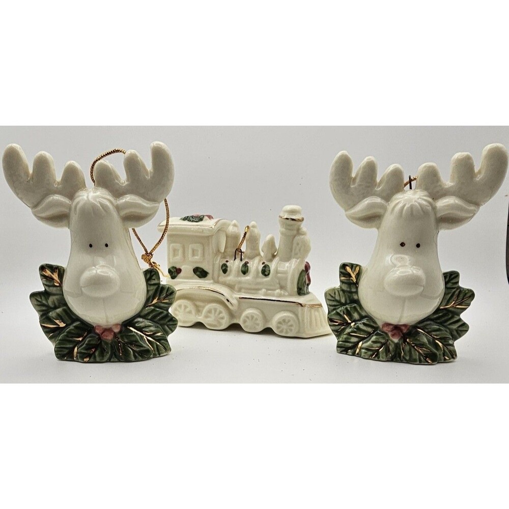 Ceramic Christmas Ornaments- Ivory & Gold Set 2 Moose & Train w/ Holly Leaves
